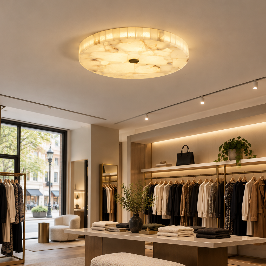 Xanthe Alabaster Flush Mount Ceiling Light in a boutique clothing store in a U.S. shopping district