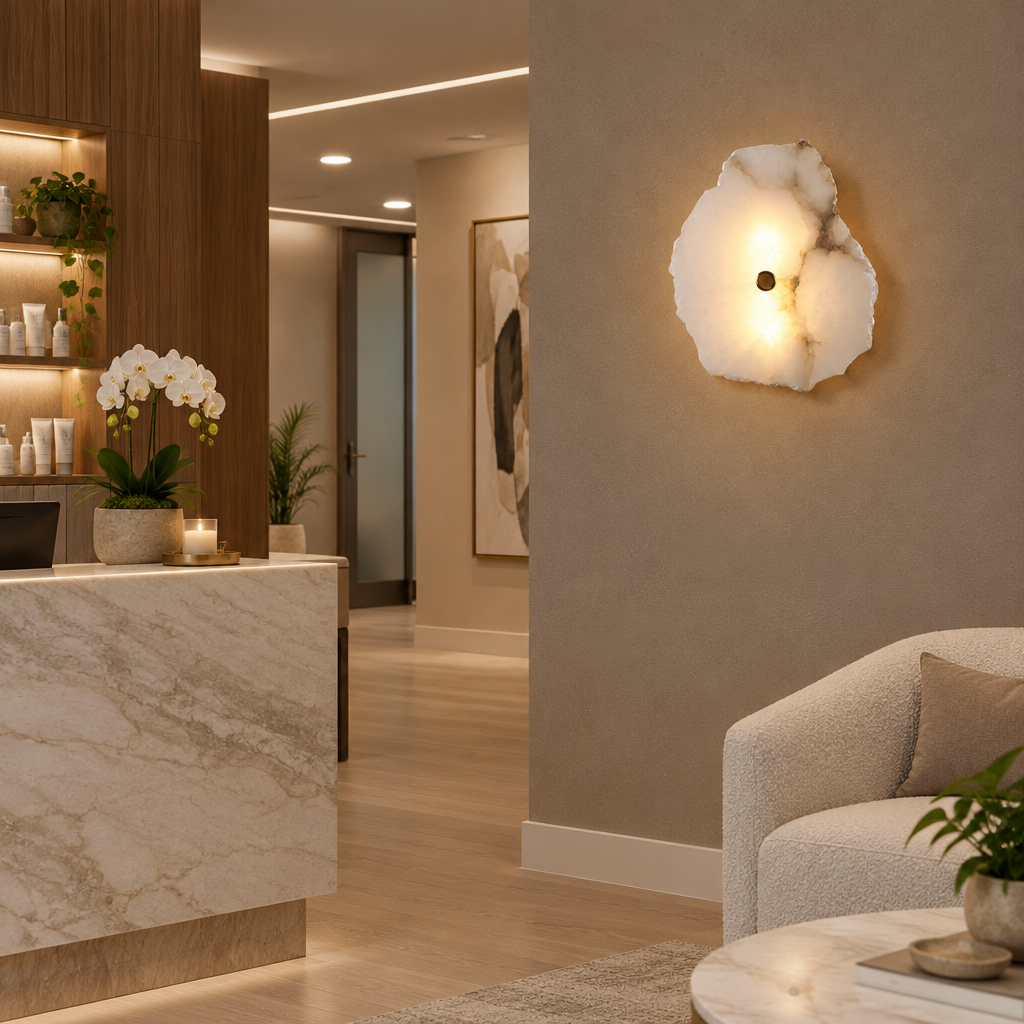 Kaia Alabaster LED Wall Sconce, 1 Light, in a medical spa reception area in a suburban office park