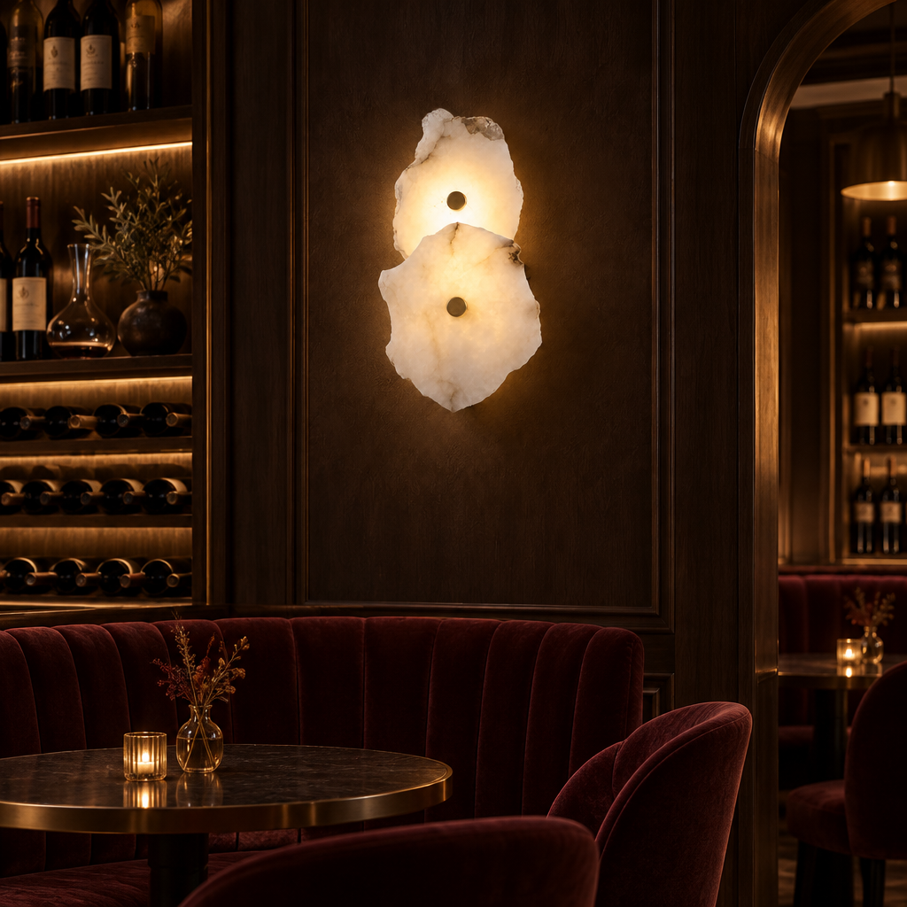 Kaia Alabaster LED Wall Sconce, 2 Lights, in an intimate wine bar with dark wood and velvet seating