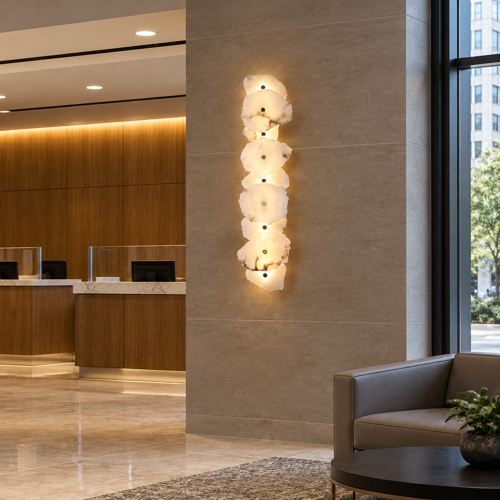 Kaia Alabaster LED Wall Sconce, 9 Lights, in a bank branch lobby in a U.S. city