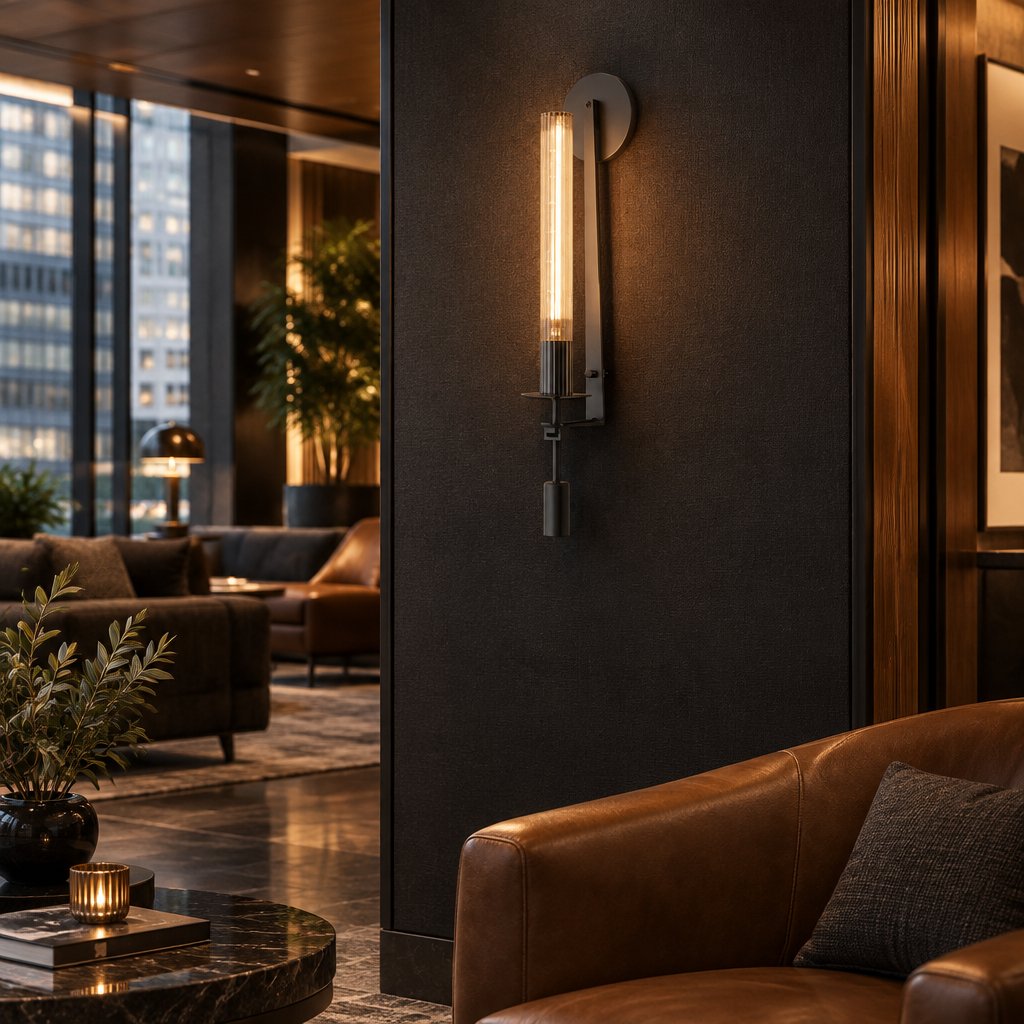 Odalys Brass Ribbed Glass Wall Sconce, Black and clear glass, in a boutique hotel lobby lounge in a downtown U.S. city building