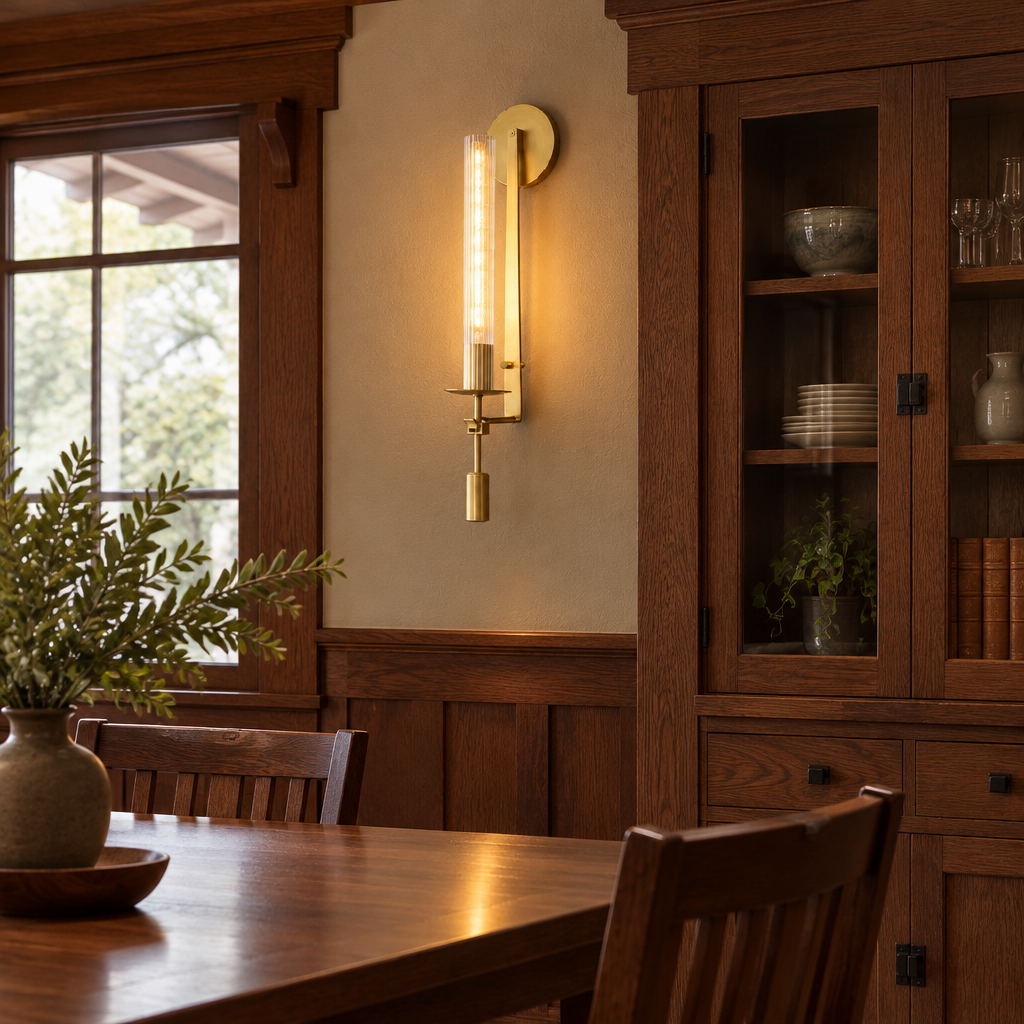 Odalys Brass Ribbed Glass Wall Sconce, Brass and clear glass, in a craftsman bungalow dining room with wood trim and built-in cabinets