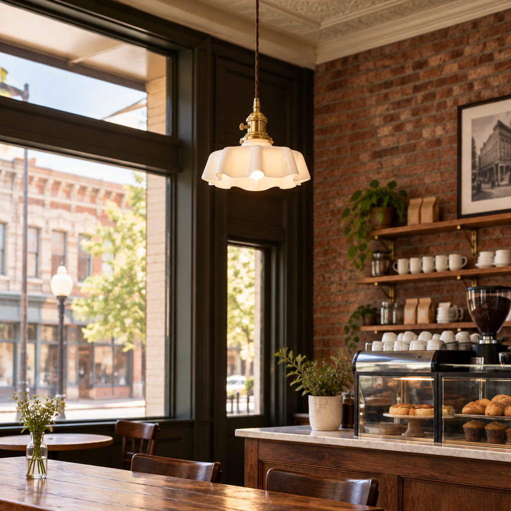Hyacinth Pleated Glass Pendant Light, 1 Light Brass and White, in a coffee shop in a historic Main Street storefront