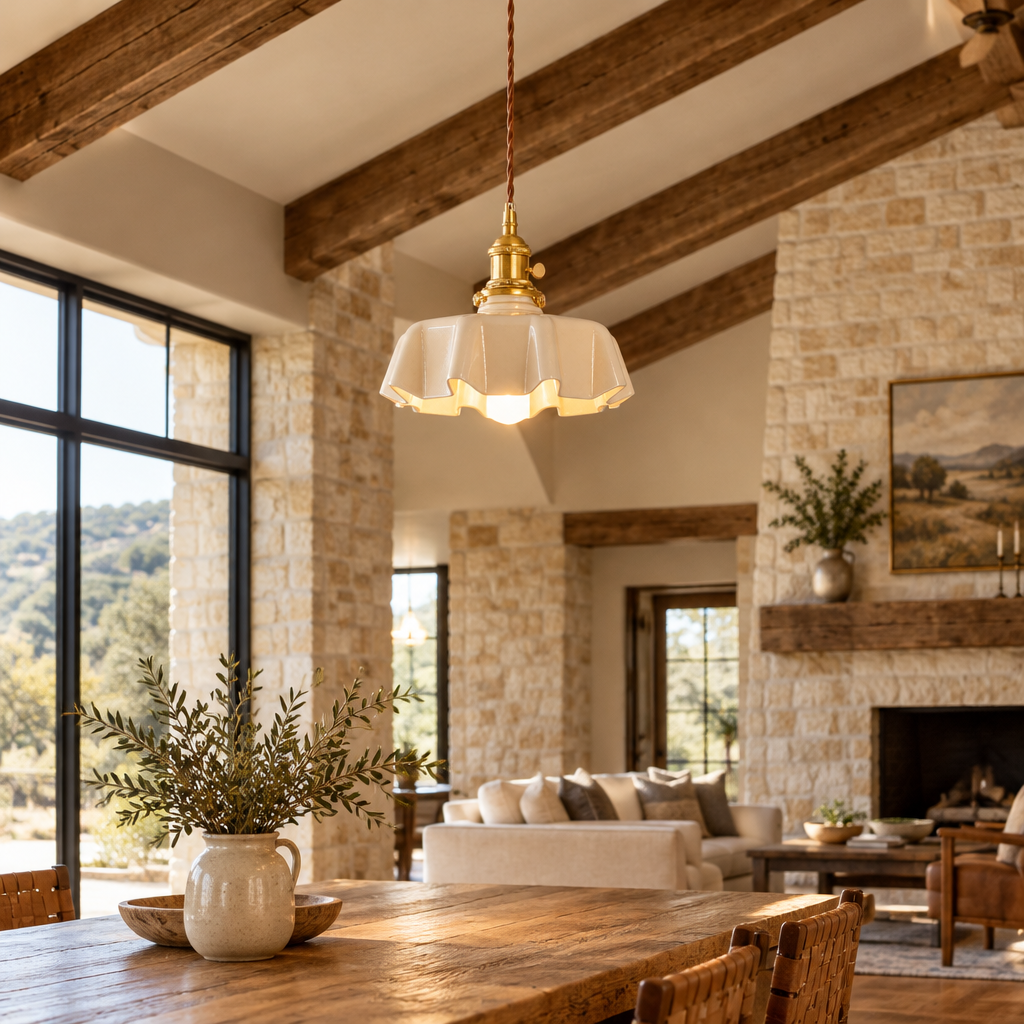 Hyacinth Pleated Glass Pendant Light, 1 Light Brass and Beige, in a Texas hill country great room with exposed beams and limestone accents