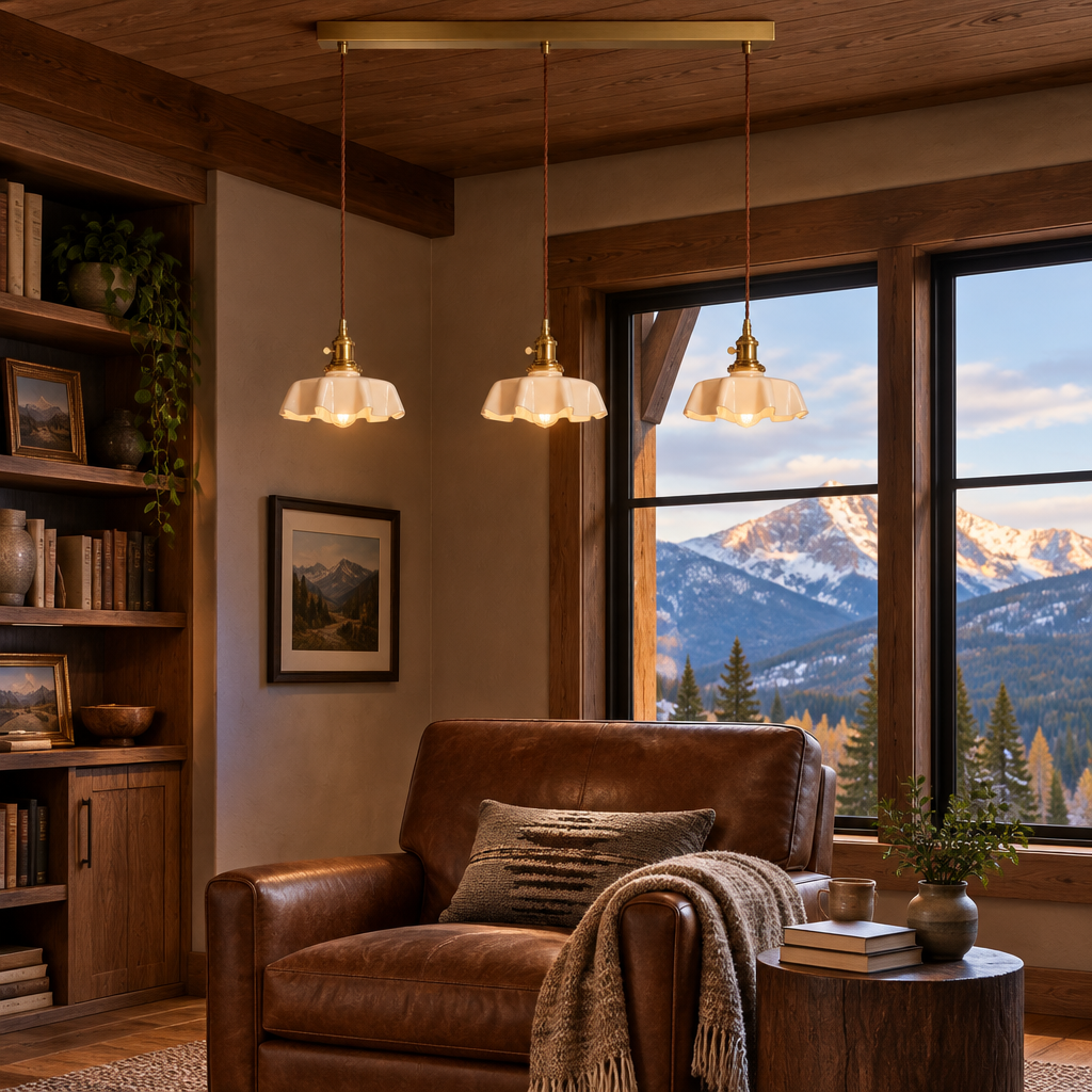 Hyacinth Pleated Glass Pendant Light, 3 Lights Brass and Beige, in a Colorado mountain home reading nook with a leather armchair