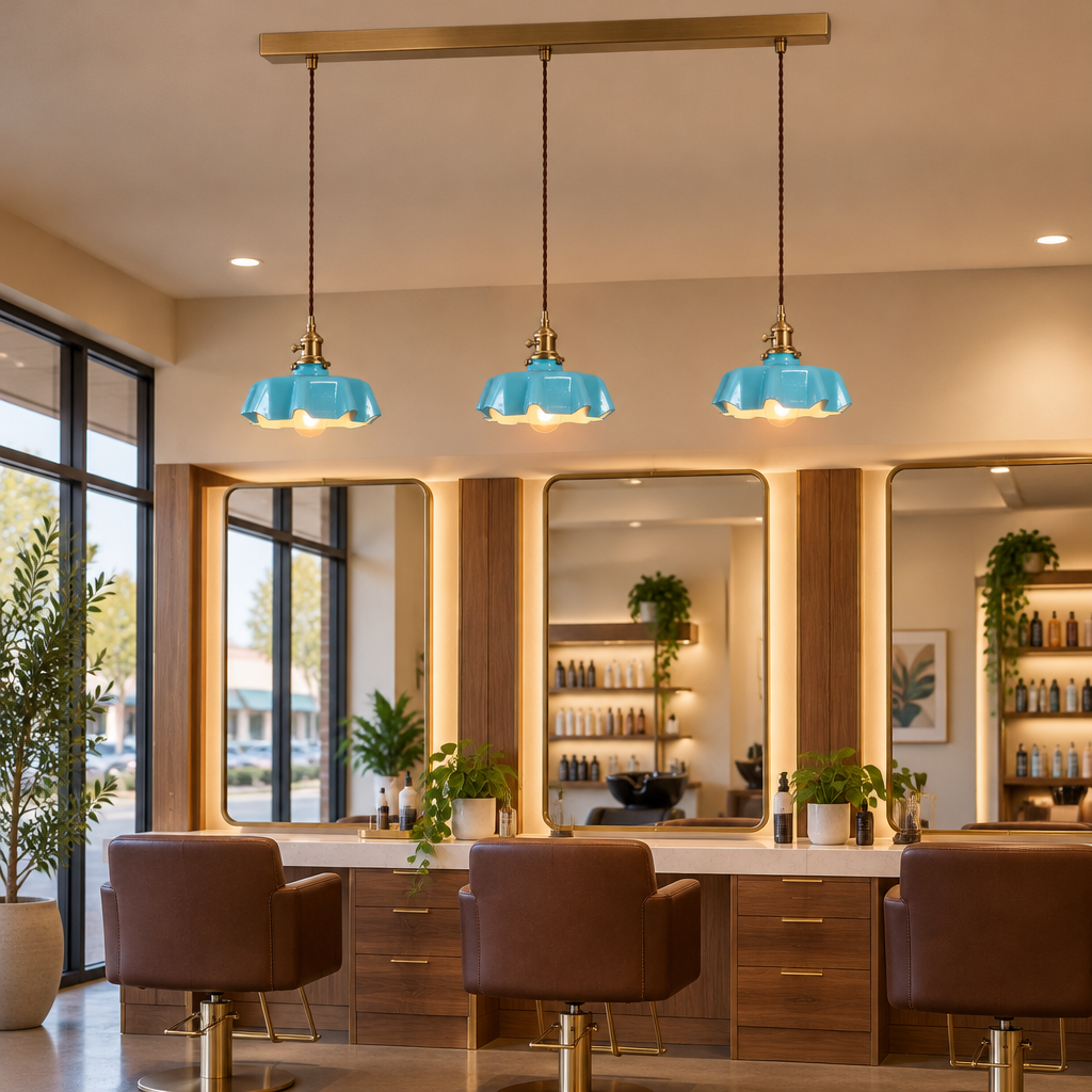 Hyacinth Pleated Glass Pendant Light, 3 Lights Brass and Blue, in an upscale hair salon in a U.S. strip mall
