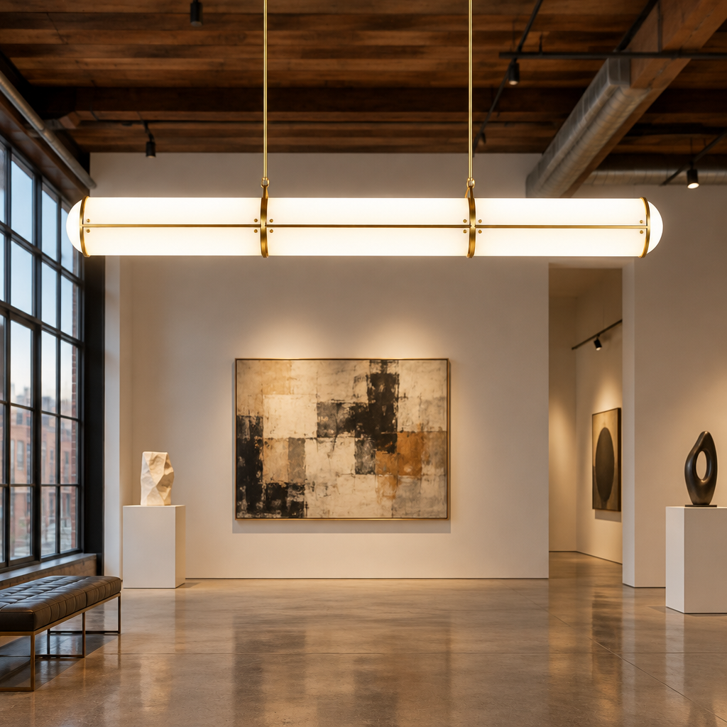 Axton Linear LED Pendant Light, Gold and White, in an art gallery in a converted downtown loft