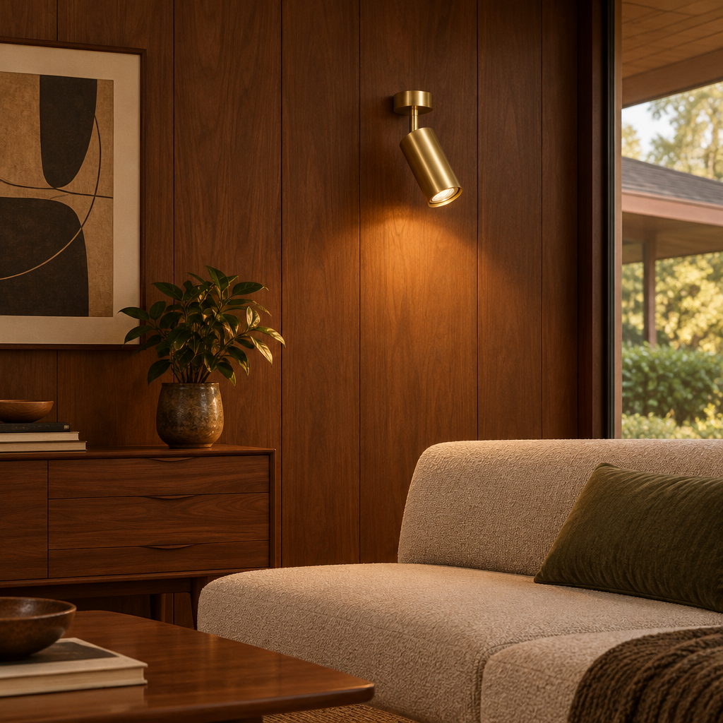 Ziva Adjustable Spotlight Wall Light, 1 Light Brass, in a mid-century ranch house den with walnut paneling and a low sofa
