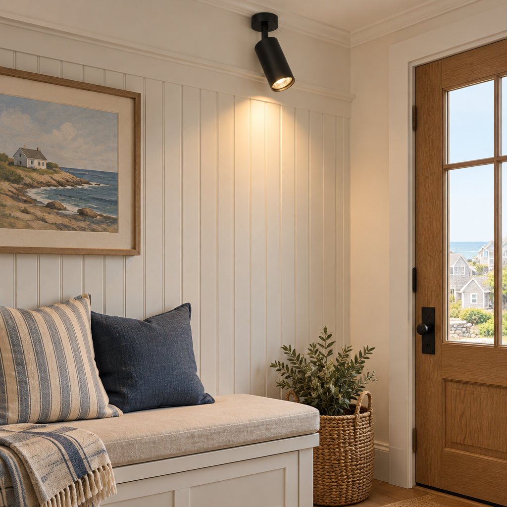 Ziva Adjustable Spotlight Wall Light, 1 Light Matte Black, in a coastal New England cottage entryway with beadboard and a bench
