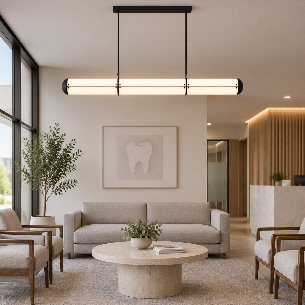 Axton Linear LED Pendant Light, Black and White, in a dental office waiting room in a modern medical building