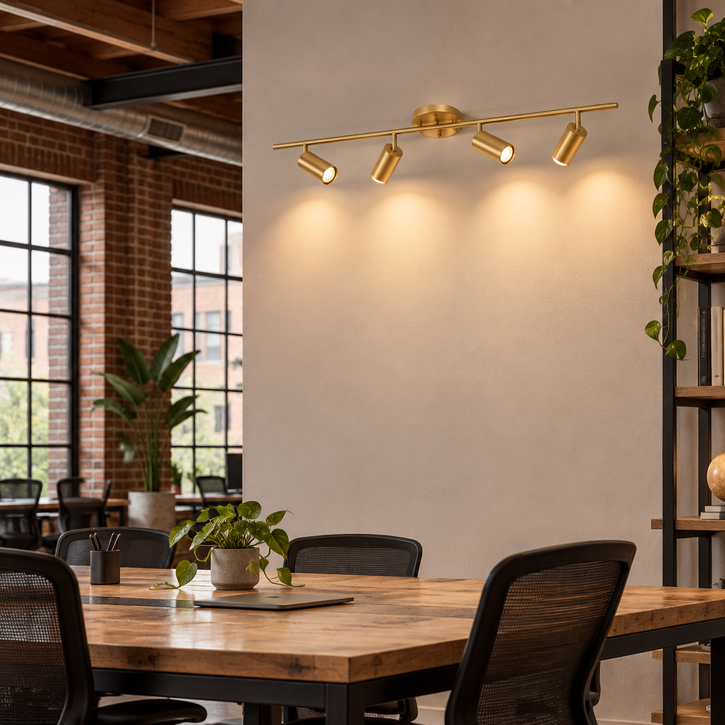 Ziva Adjustable Spotlight Wall Light, 4 Lights Brass, in a co-working space in a converted warehouse