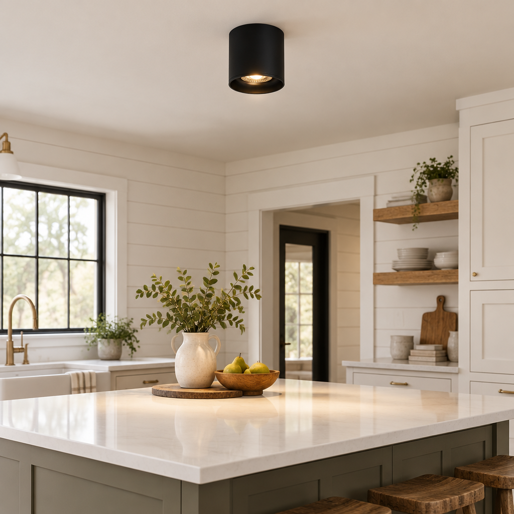 Pico LED Surface Mount Spotlight, Single Black, in a modern farmhouse kitchen with a white quartz island and shiplap walls