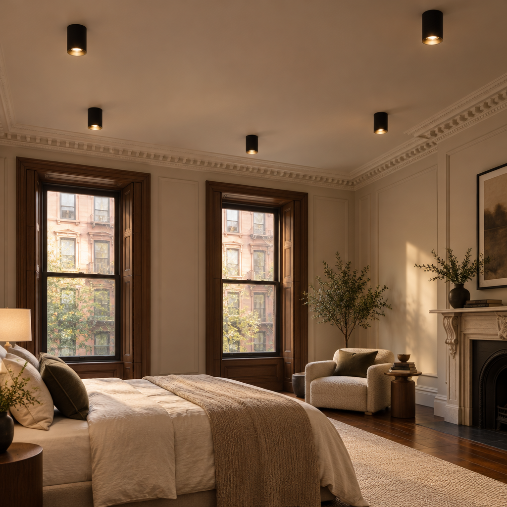 Pico LED Surface Mount Spotlight, Set of 5 Black, in an East Coast brownstone bedroom with tall sash windows and crown molding
