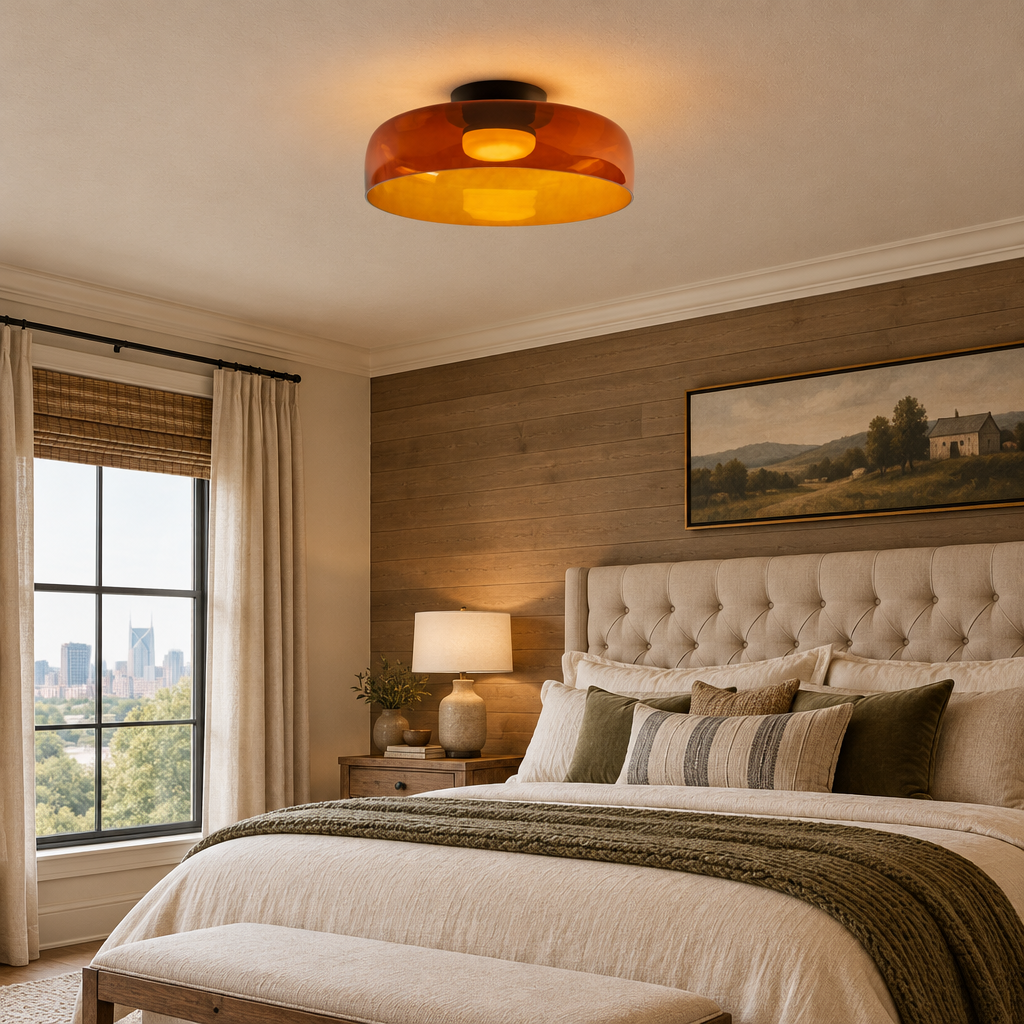Tiera Layered Glass Ceiling Light, Single Orange, in a Nashville modern farmhouse primary bedroom with a tufted headboard