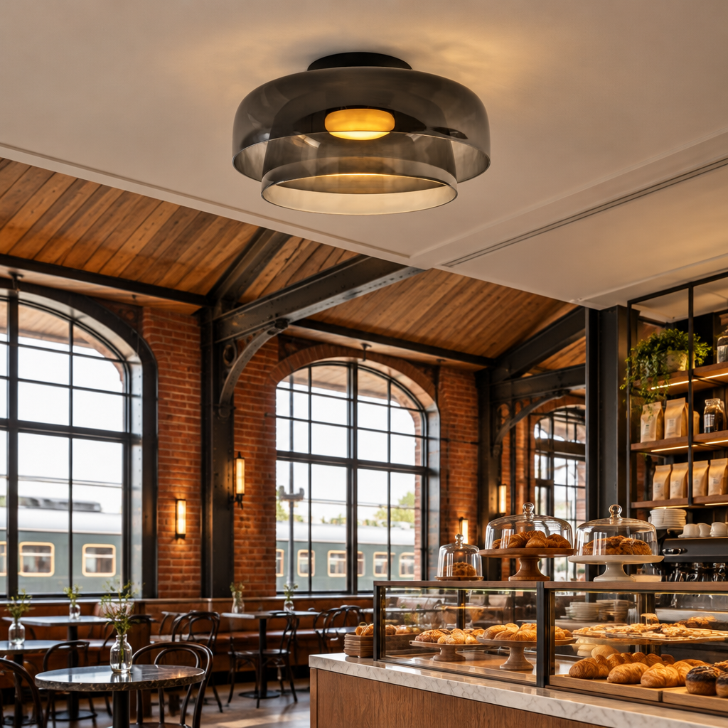 Tiera Layered Glass Ceiling Light, Double Smoke grey, in a bakery cafe in a renovated American train depot