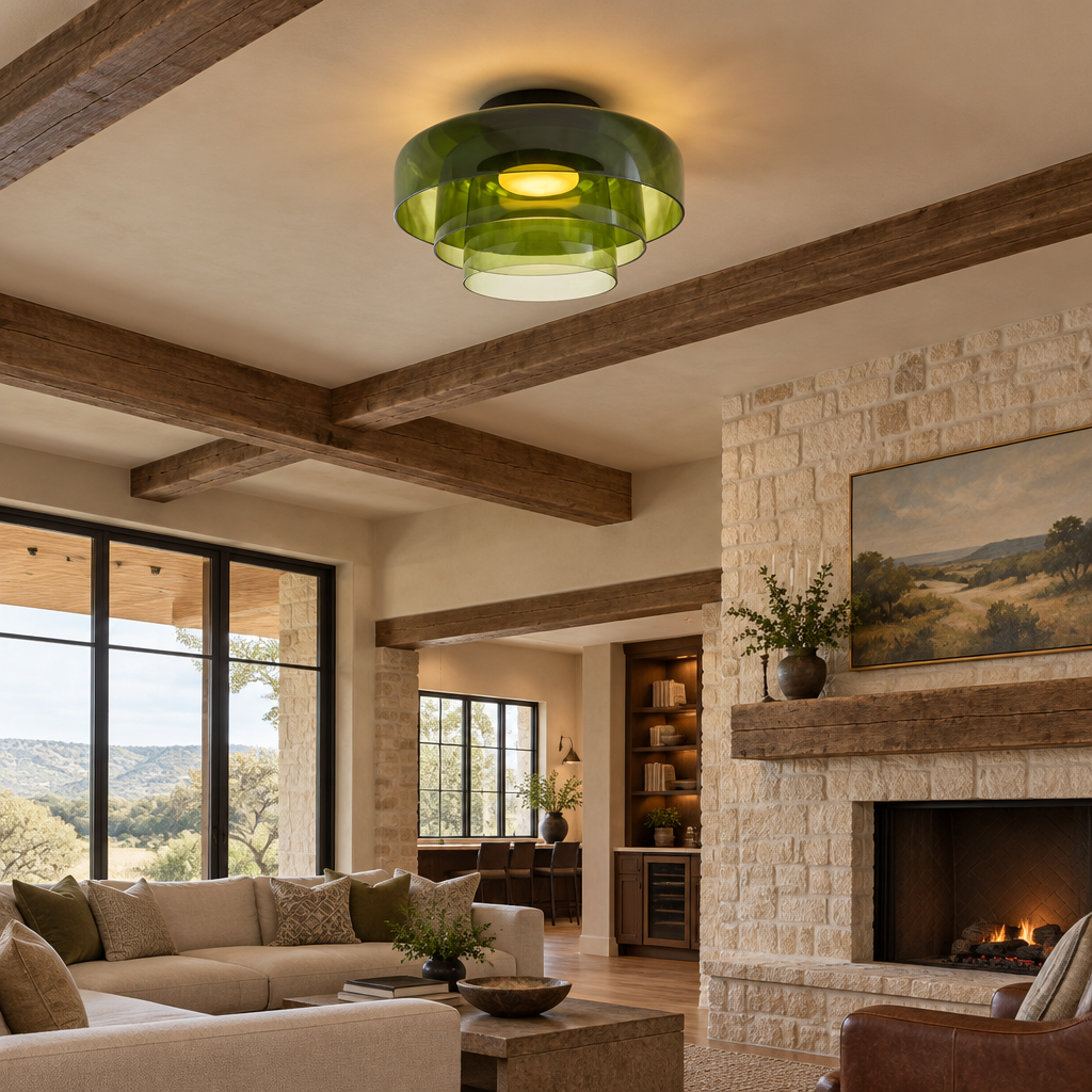 Tiera Layered Glass Ceiling Light, Triple Green, in a Texas hill country great room with exposed beams and limestone accents