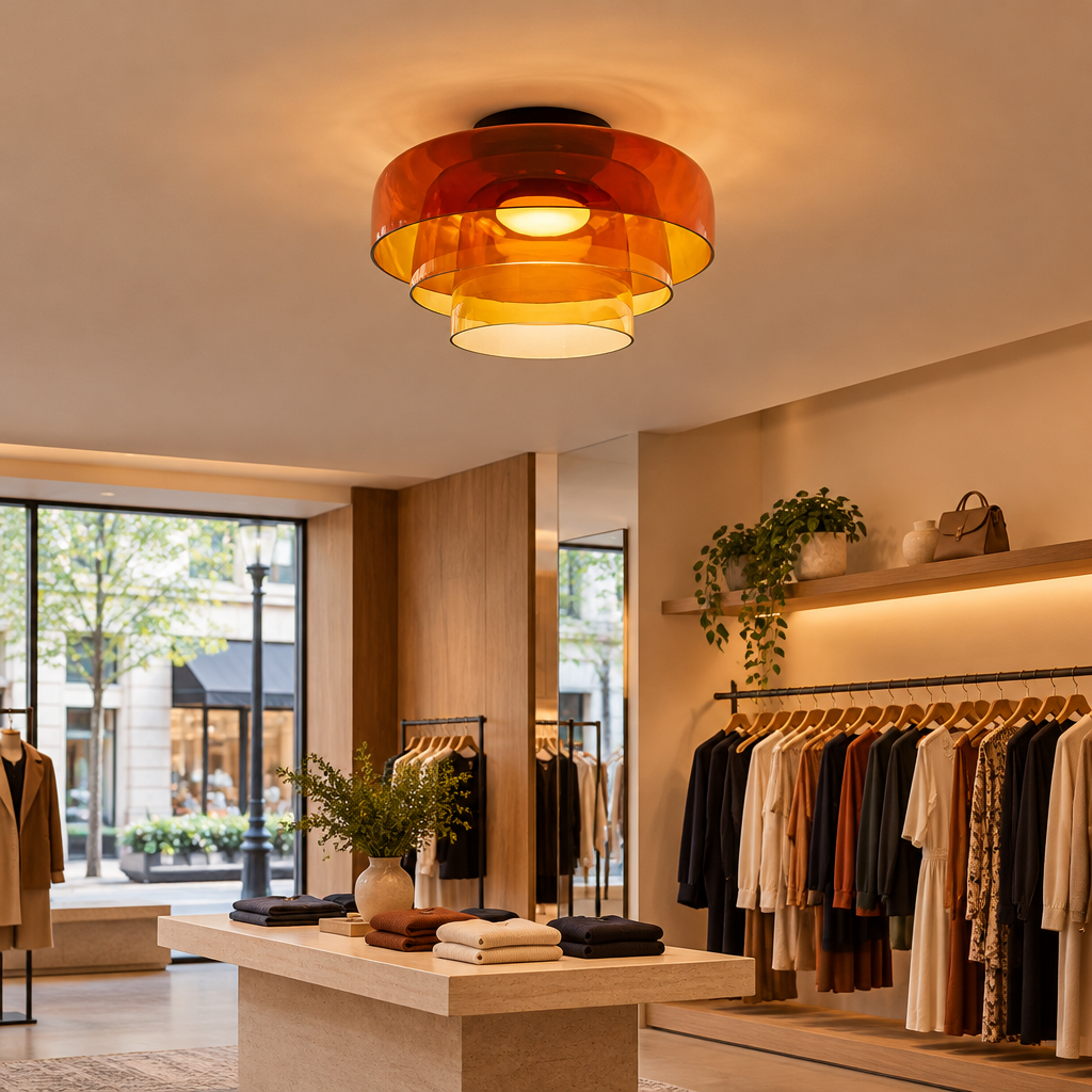 Tiera Layered Glass Ceiling Light, Triple Orange, in a boutique clothing store in a U.S. shopping district