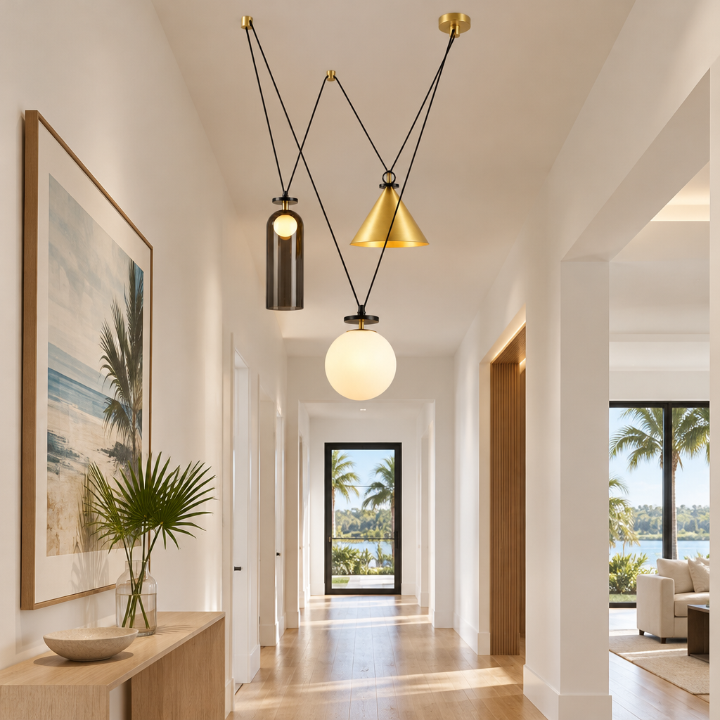 Kubik Geometric Modular Chandelier, Section F Gold Black White, in a Florida modern home hallway with light wood floors and white walls