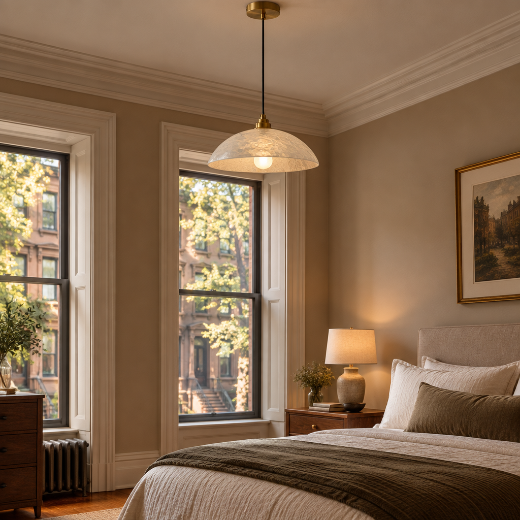 Dahlia Alabaster Dome Pendant Light, Cable mount, brass and white alabaster, in an East Coast brownstone bedroom with tall sash windows and crown molding