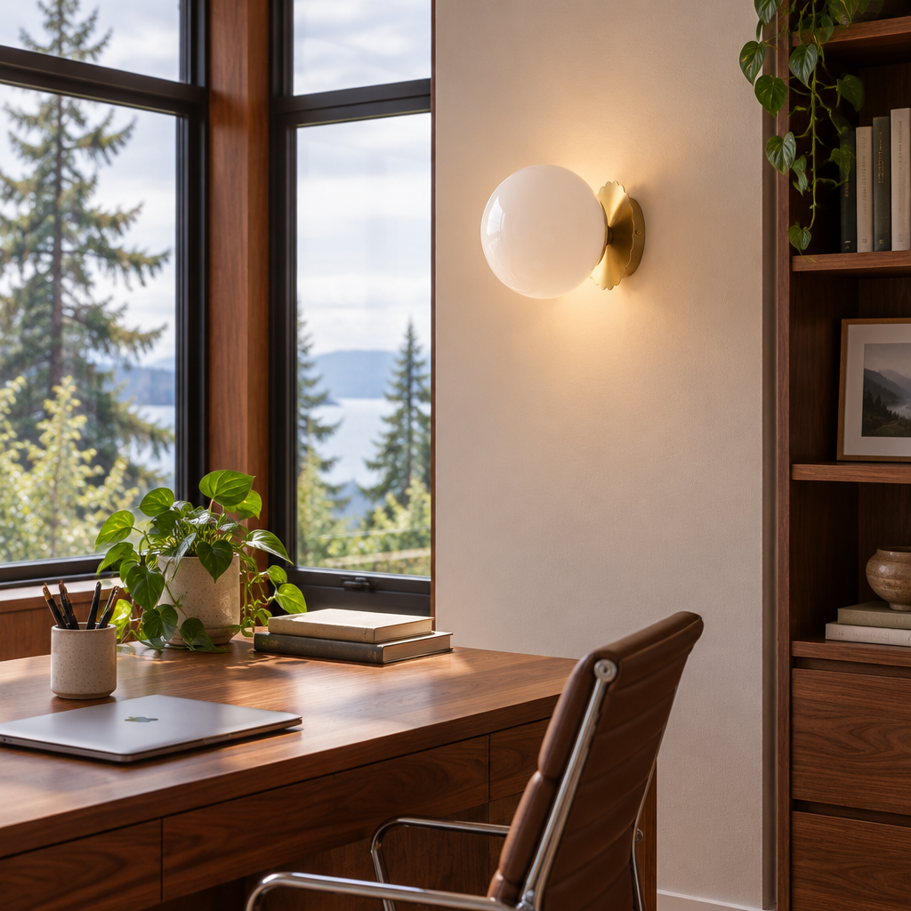 Wisp Glass Wall Sconce, Gold and White, in a Pacific Northwest home office with large windows and a walnut desk