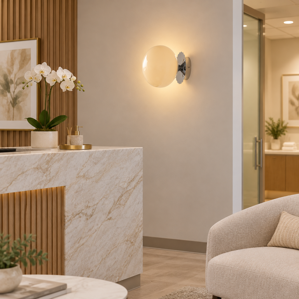 Wisp Glass Wall Sconce, Chrome and Beige, in a medical spa reception area in a suburban office park