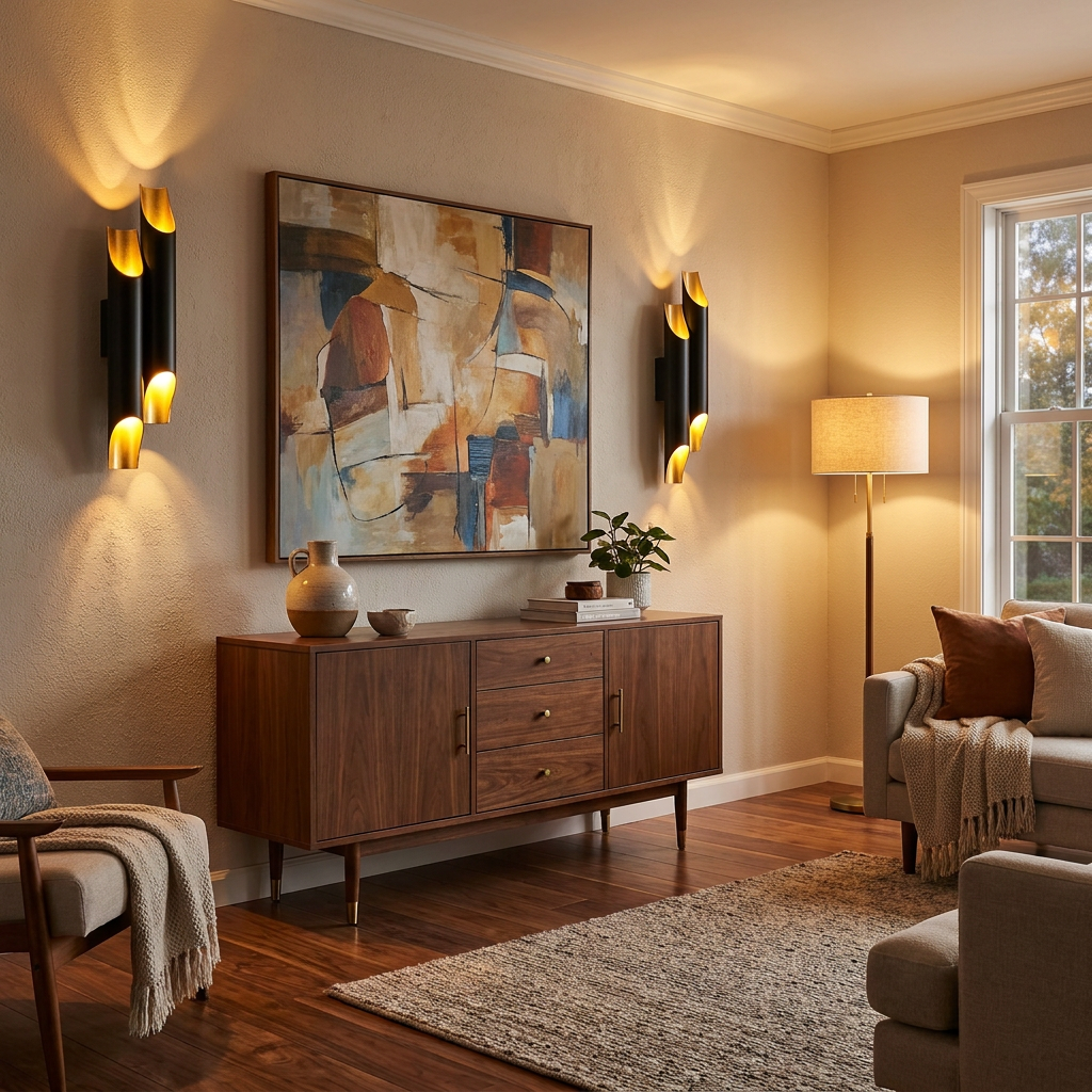 Solenne large double black and gold wall sconces in a mid century living room