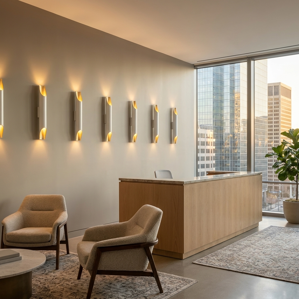 Solenne small white and gold wall sconces in an office reception lobby