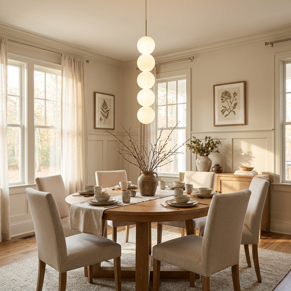 Perlette 1 head pendant light above a round oak dining table in a transitional suburban home
