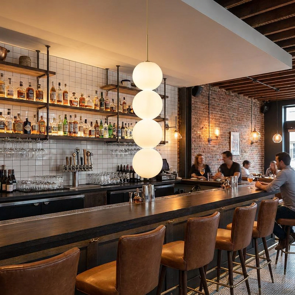 Perlette 1 head pendant light over the bar of a modern American restaurant