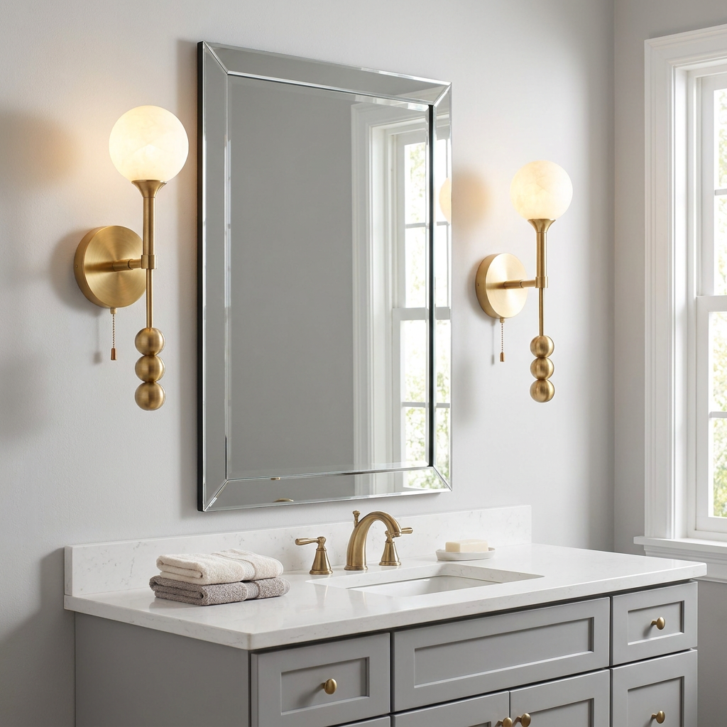Isaure brushed brass wall sconce flanking a bathroom vanity mirror in a transitional American suburban home