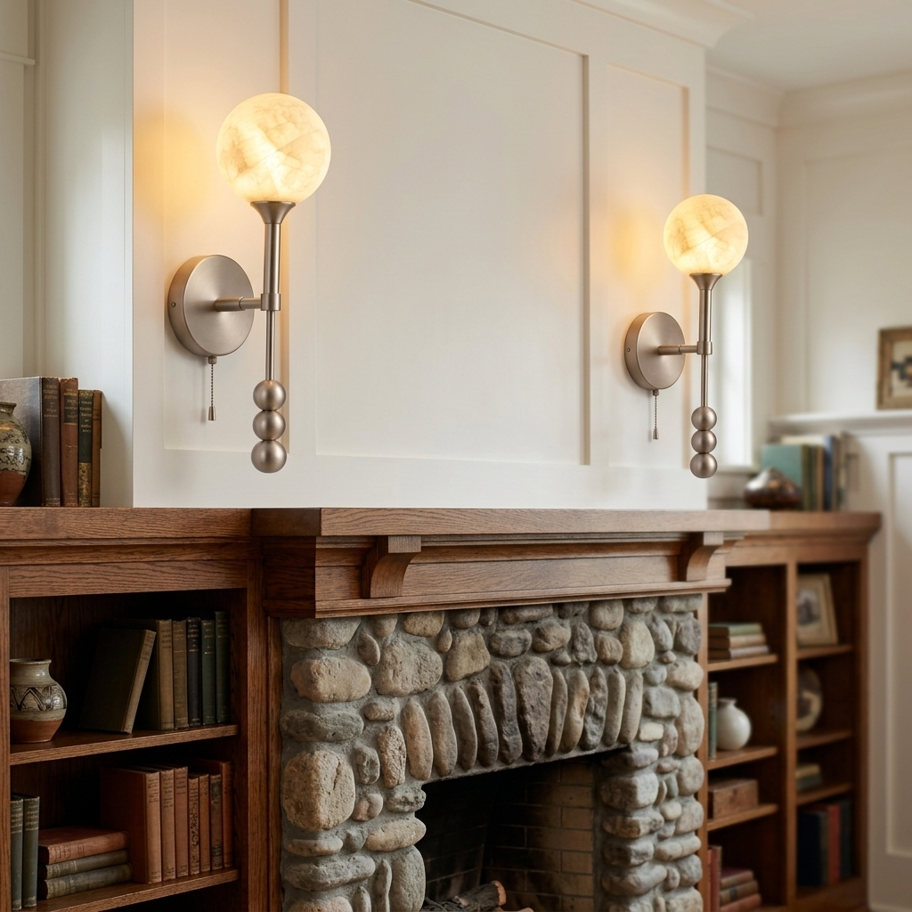 Isaure brushed nickel wall sconce on either side of a craftsman fireplace with built-in bookshelves