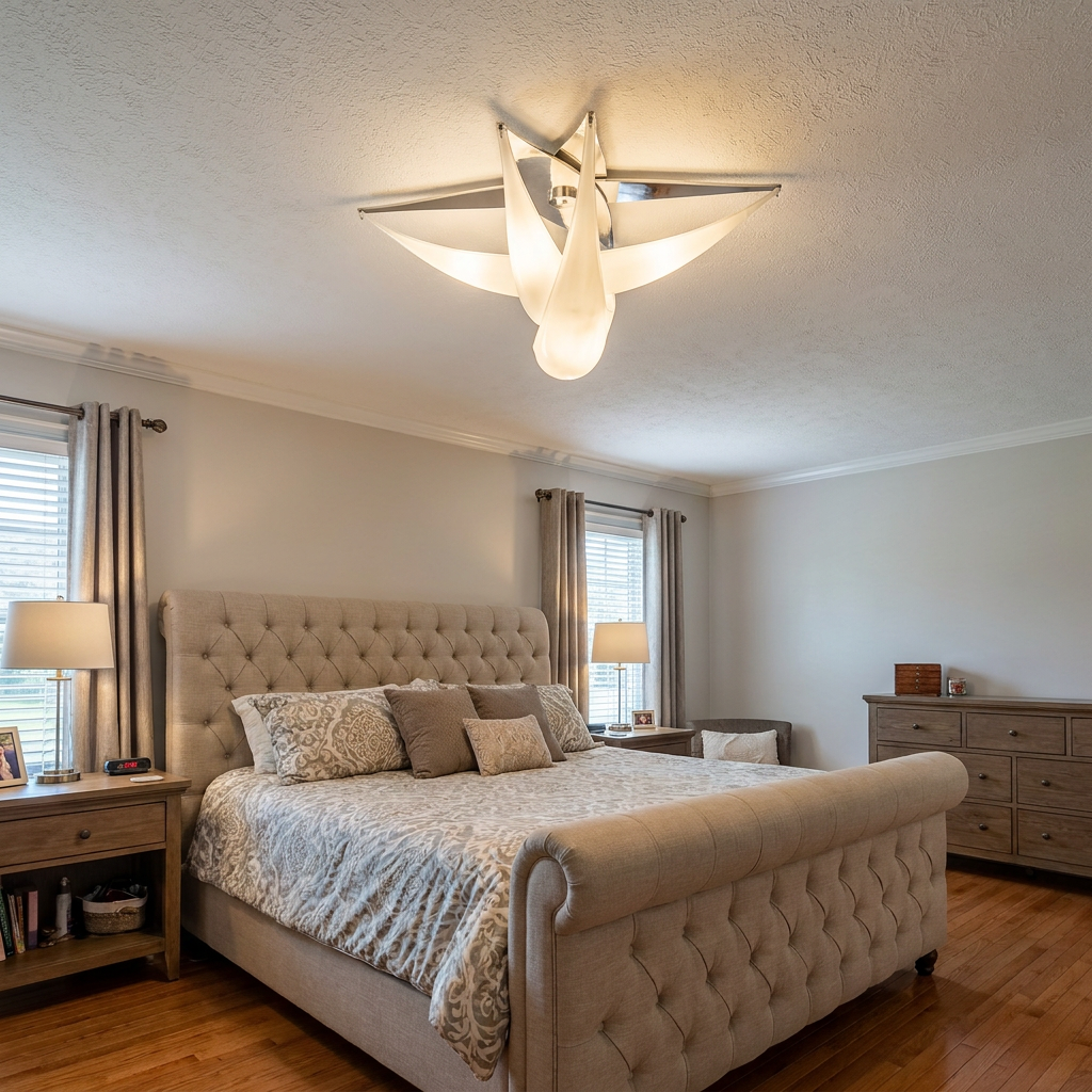 Ombeline ceiling light in the primary bedroom of a suburban home with a tufted bed