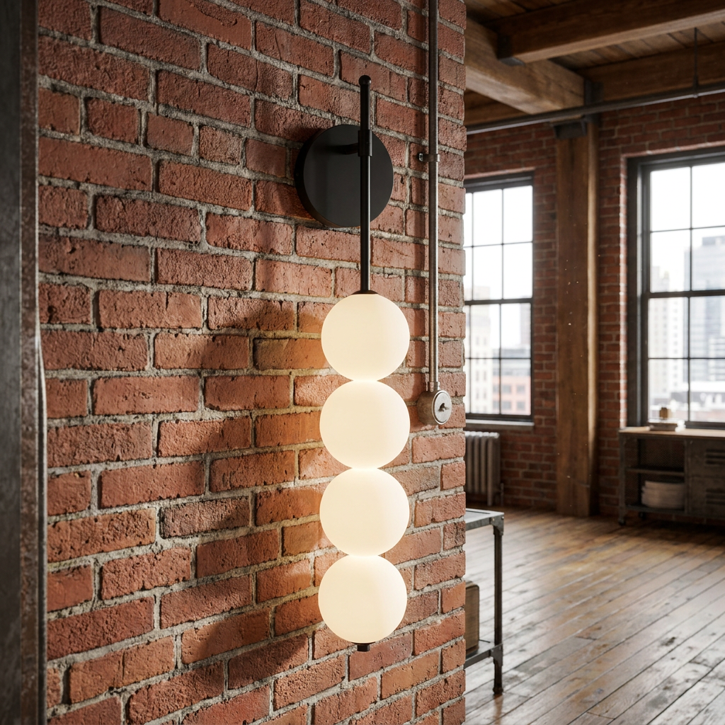 Berenice black wall sconce on a brick wall of a downtown loft apartment
