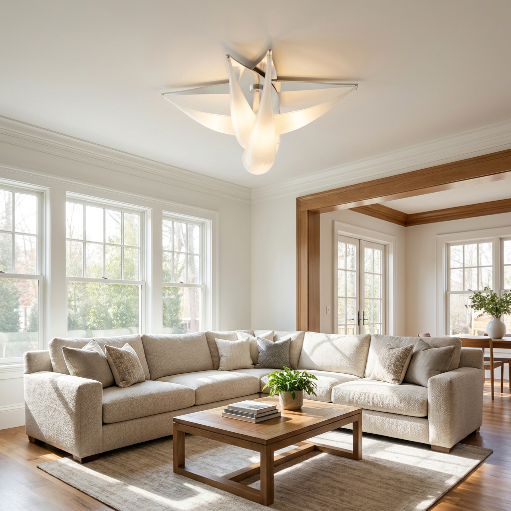 Ombeline ceiling light in a bright transitional American living room with a sectional sofa