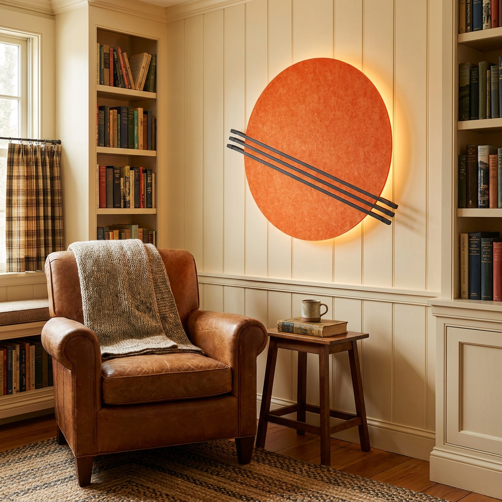 Aurore orange wall sconce beside a reading chair in a cozy home library of a Cape Cod house