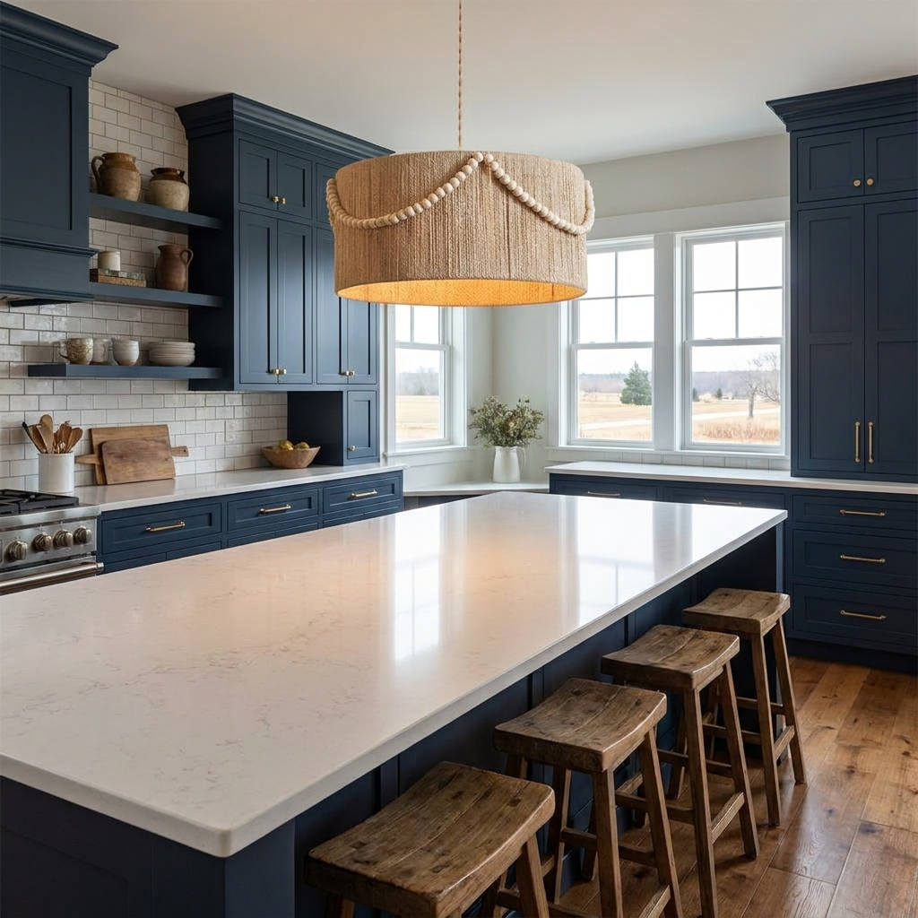 Cordelia pendant light over a white quartz kitchen island in a modern farmhouse with navy cabinets