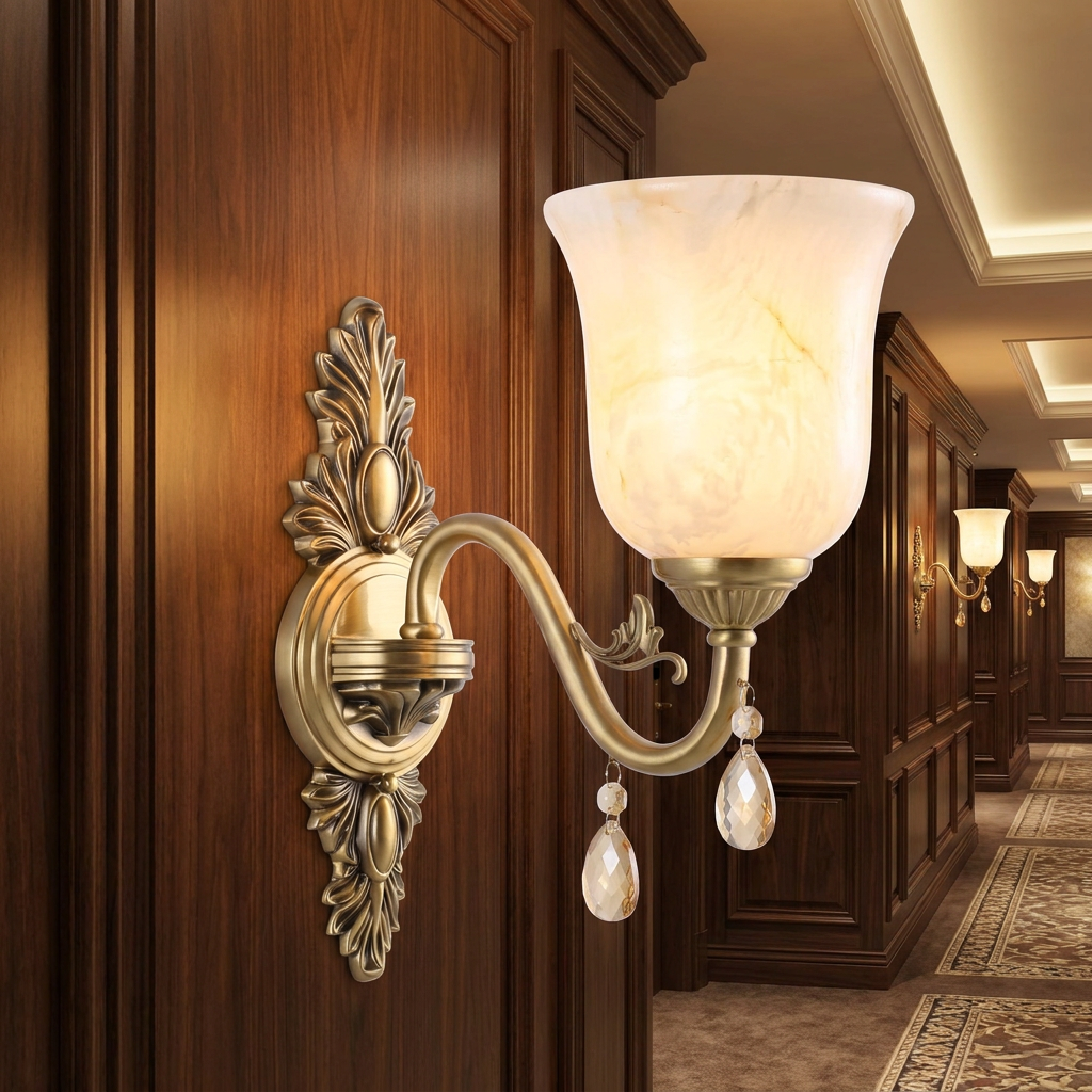 Clotilde brass wall sconce along the corridor of an upscale downtown American hotel with walnut paneling