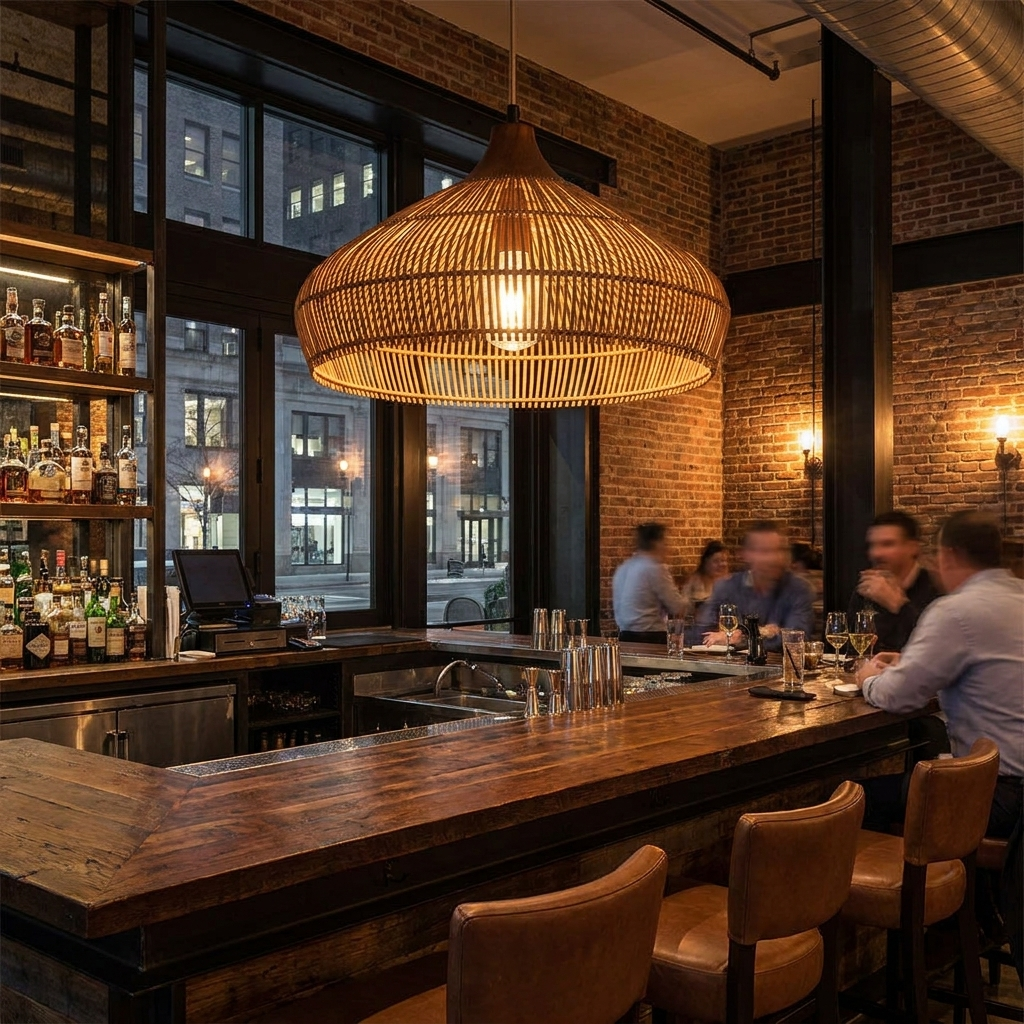 Liora pendant light over the bar of a modern American restaurant