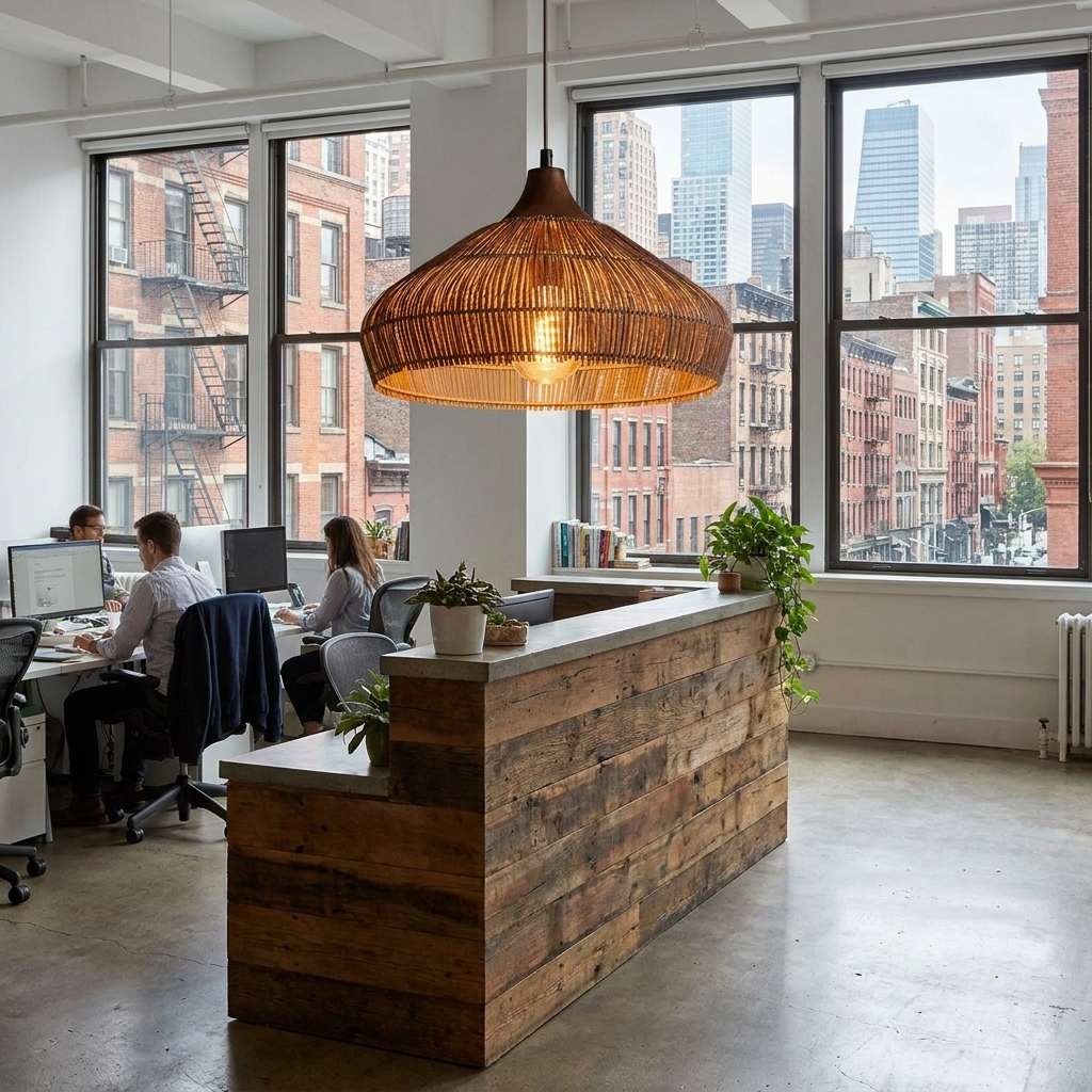 Liora pendant light over the reception desk of a creative office with city buildings outside