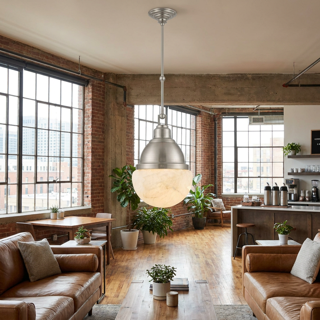 Gisele nickel pendant light in a coworking space lounge with large windows