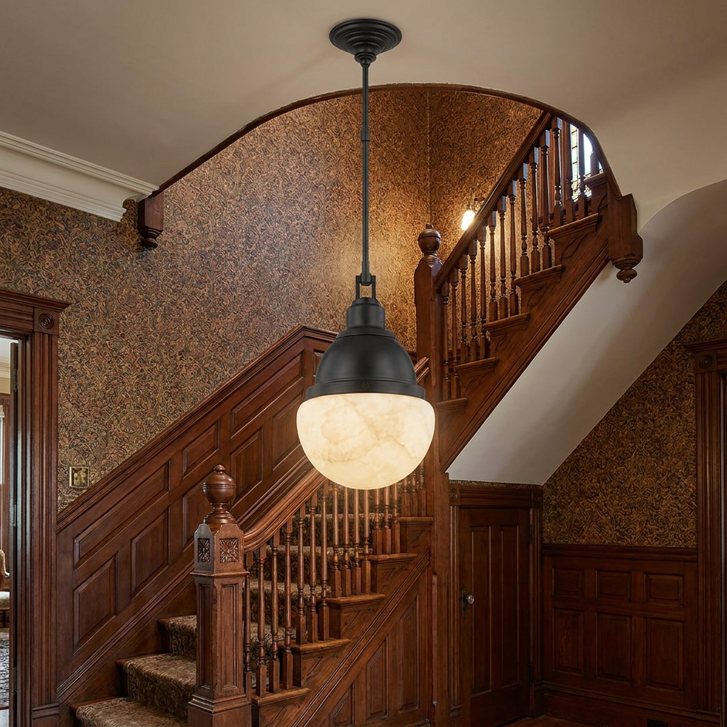 Gisele black pendant light in the stairwell of a Victorian style home