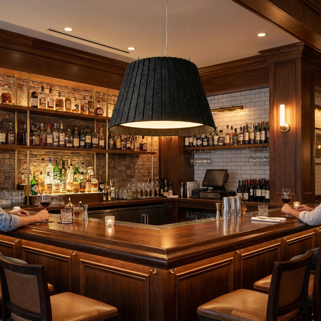 Calma black pendant light over the bar of a modern American restaurant