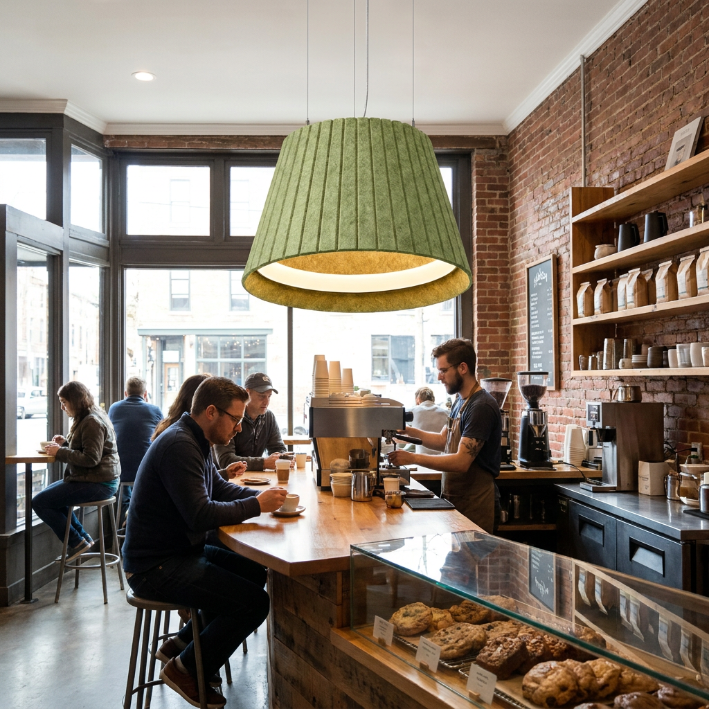 Calma green pendant light above the counter of a neighborhood coffee shop