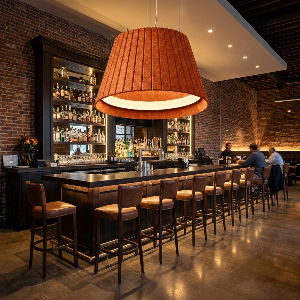 Calma orange pendant light over the bar of a modern American restaurant