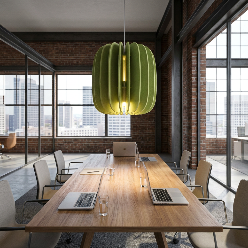 Lamelle oval sage green pendant light over a long conference table in a downtown office