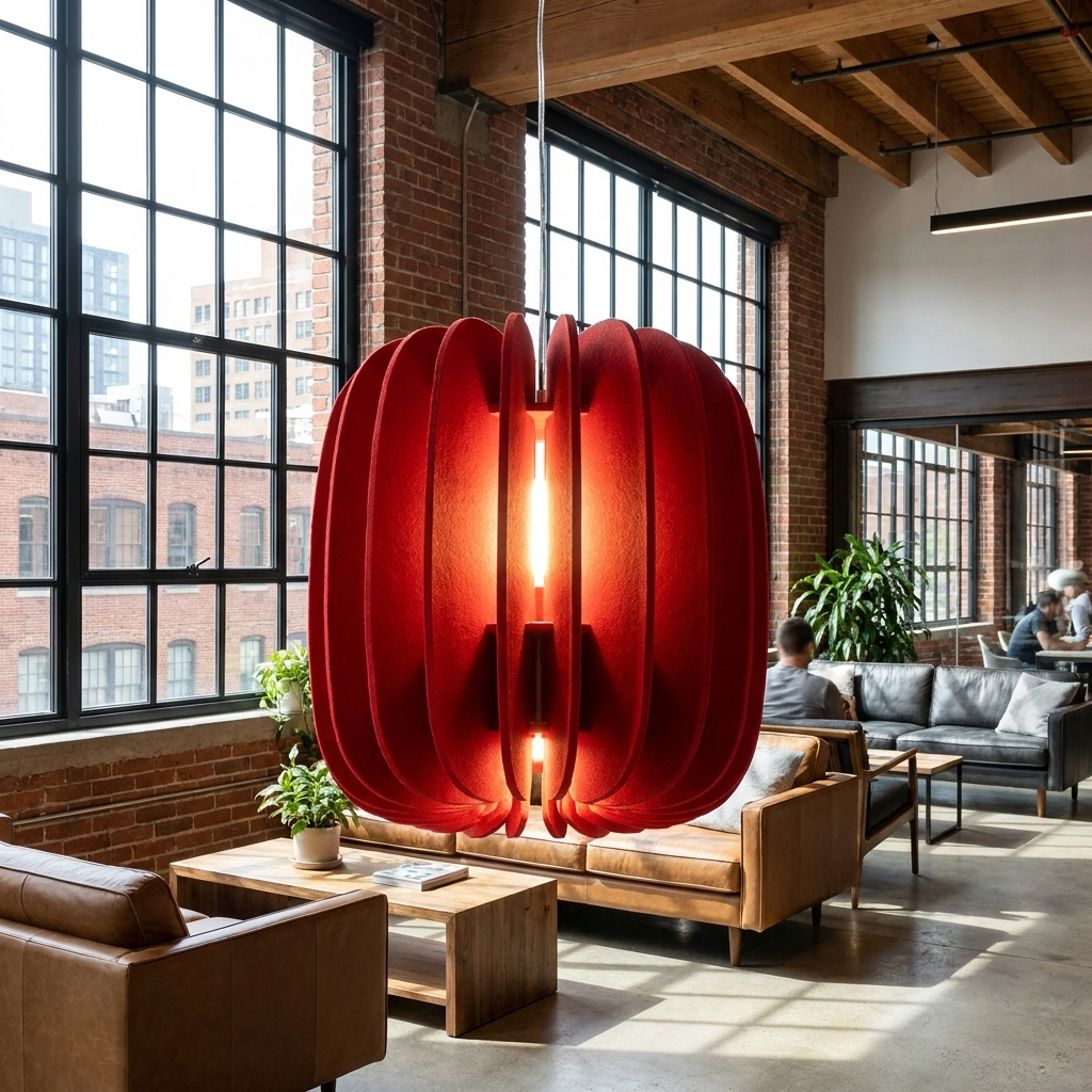 Lamelle oval red pendant light in a coworking space lounge with large windows