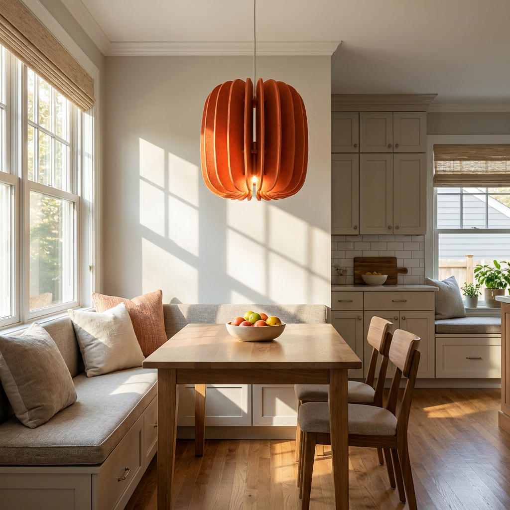 Lamelle oval orange pendant light above a breakfast nook in a sunlit suburban kitchen