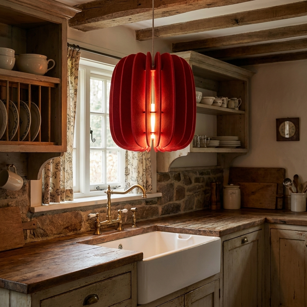 Lamelle oval red pendant light over a farmhouse sink in a cottage kitchen
