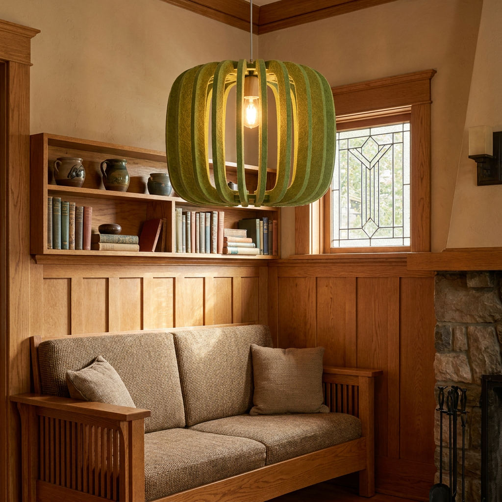Lamelle round sage green pendant light above a reading nook bench in a craftsman bungalow