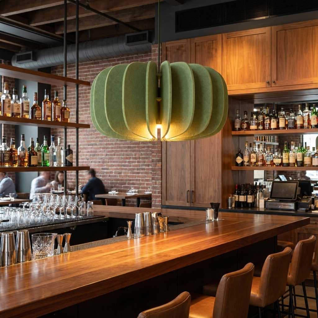 Lamelle disc sage green pendant light over the bar of a modern American restaurant